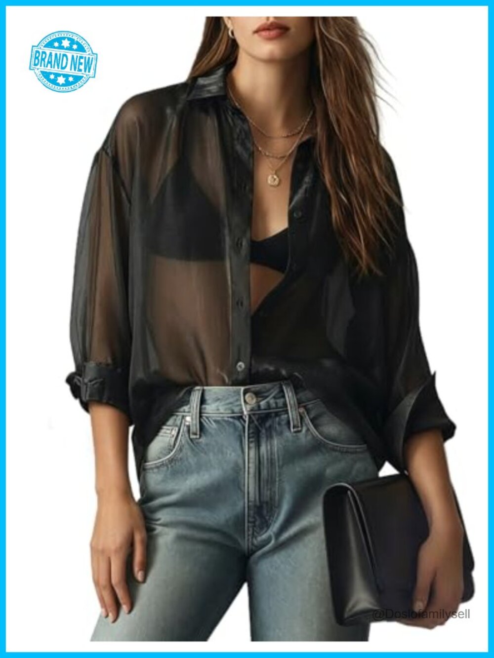 Sheer Mesh Button Blouse Long Sleeve Collared Top